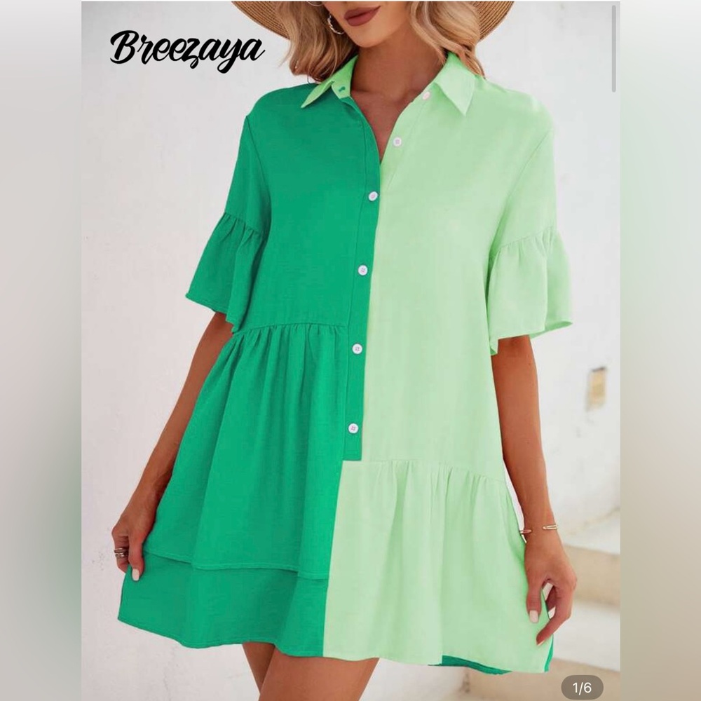 NWOT SHEIN Green Colorblock Flounce Sleeve Ruffle Hem Dress Women’s Size Small